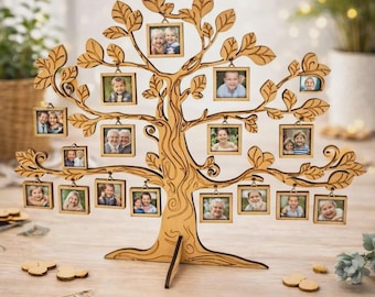 Marco de fotos de árbol genealógico de madera SVG | Portafotos de árbol genealógico cortado a láser | Madera de 4 mm (Descarga digital)