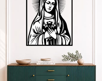 Arte mural del Sagrado Corazón de María en formato SVG, archivo de corte láser de la Virgen María, decoración religiosa para pared, SVG católico, decoración cristiana para el hogar.