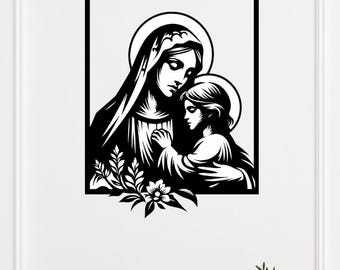 SVG de la Virgen María y el Niño, archivo de corte láser para arte mural de la Virgen, decoración religiosa católica, arte mural cristiano, SVG de la Madre y el Niño