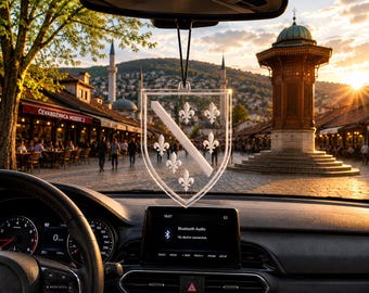Bosnia and Herzegovina Lily Shield Car Hanging Ornament, Medieval Bosnian Coat of Arms, Acrylic Rearview Mirror Decor, Bosnian Gift