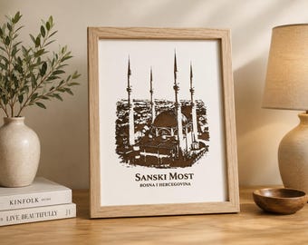 Sanski Most Engraved Wall Art, Bosnia City MDF Artwork, Framed Bosnian Landmark Decor, BiH Hometown Gift, Balkan Wall Decor