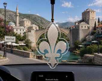 Bosnia Lily Acrylic Car Hanging Ornament, Bosnia and Herzegovina Fleur de Lis Mirror Decor, Engraved 3mm Acrylic Car Accessory, Bosnian Gift