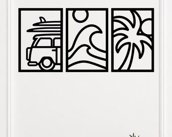 Arte mural de playa con furgoneta de surf en formato SVG, arte lineal costero en formato SVG, decoración de playa de verano, ola de palmera en formato SVG, arte mural de furgoneta camper, archivo de corte láser.