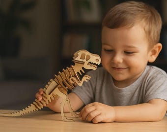Rompecabezas 3D de T-Rex cortado con láser SVG: plantilla de modelo de dinosaurio de madera (descarga digital)