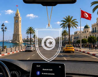 Tunisia Acrylic Car Hanging Ornament, Tunisian Crescent and Star Car Mirror Decor, Engraved 3mm Acrylic Rearview Mirror Accessory