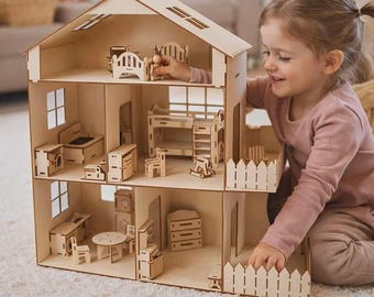 Casa de muñecas de madera 3D de 3 mm y 4 mm SVG cortada con láser, archivo de casa de muñecas en miniatura