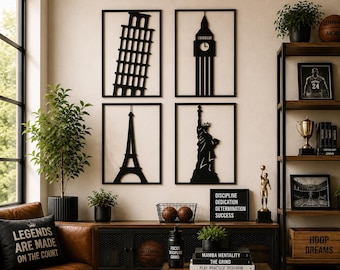 Paquete de archivos SVG de monumentos emblemáticos del mundo | Torre Eiffel, Pisa, Estatua del Big Ben, Archivo de corte láser | Decoración de pared metálica para viajes en formato SVG