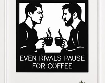 Archivo SVG de Messi y Ronaldo para tomar café, Incluso los rivales hacen una pausa para el café, Arte mural de leyendas del fútbol, Archivo SVG con cita de fútbol, Decoración de pared cortada con láser