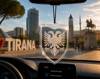 Albania Acrylic Car Ornament, Albanian Eagle Mirror Charm, Tirana Car Hanging Decor, Albania Flag Shield, Balkan Gift