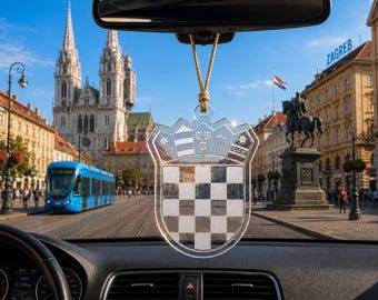 Croatia Acrylic Car Hanging Ornament, Croatian Coat of Arms Rearview Mirror Decor, Engraved 3mm Acrylic Car Charm, Croatia Gift