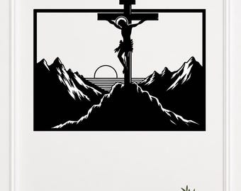 Jesús en la Cruz SVG, Crucifijo para Arte de Pared, Archivo de Corte Láser, Escena Cristiana de Montaña, Decoración Religiosa de Pared, SVG Católico
