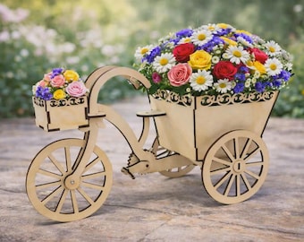 Laser Cut Tricycle Flower Basket SVG Wooden Bicycle Flower Holder DIY Home Decor Digital Download