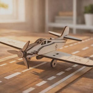 May include: A wooden model airplane with a propeller and star details, resting on a runway. The plane is white with brown accents and has a classic design. The runway is made of wood and has white lines.