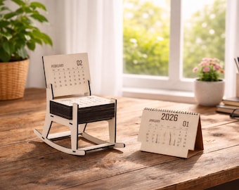 Calendario de escritorio de madera 2026 SVG – Soporte para calendario perpetuo cortado con láser – Organizador estilo mecedora – Archivo SVG de 3 mm