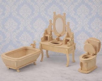 Muebles de baño en miniatura SVG, juego de baño para casa de muñecas, mini bañera cortada con láser de 3 mm, tocador, inodoro, archivos láser CNC