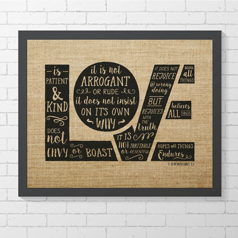 INSTANT DOWNLOAD Corinthians 13 Hand Lettered Faux Burlap 8 x 10 Digital Art Print image 1