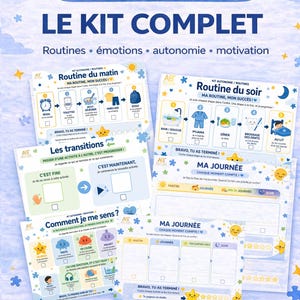 Puede incluir: Un conjunto de gráficos educativos imprimibles de tamaño A4 con un tema azul y blanco. Los gráficos incluyen rutinas diarias, controles emocionales y un planificador diario. El texto de los gráficos está en francés.