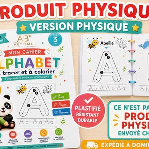 Peut inclure: Un cahier d'alphabet pour enfants, intitulé "MON CAHIER ALPHABET", avec de grandes lettres à tracer et à colorier. Les pages présentent des illustrations d'une abeille et d'une baleine. La couverture présente un panda tenant un crayon.