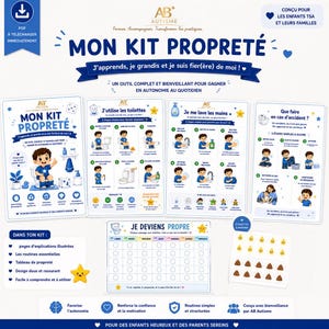 Puede incluir: Un conjunto de materiales educativos ilustrados en francés, titulado "Mi Kit de Limpieza". El kit incluye guías sobre el uso del inodoro, el lavado de manos y la gestión de accidentes, diseñados para niños con autismo. Promueve la autonomía.