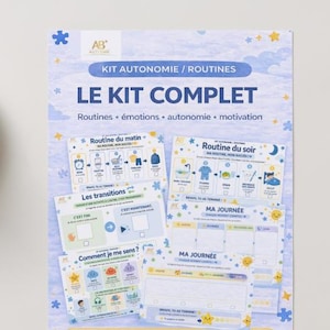 Könnte beinhalten: Eine gelbe Tasse und Untertasse liegen neben einem bedruckten Blatt mit dem Titel "LE KIT COMPLET" auf Französisch. Das Blatt enthält Illustrationen und Text über Routinen, Emotionen, Autonomie und Motivation. Der Hintergrund ist weiß.