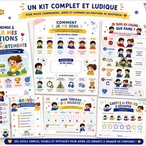 May include: A comprehensive educational kit for children featuring multiple printable pages with illustrations and text in French. The set includes emotion management charts, behavior guides, success trackers, and cut-out cards designed to help children identify and express feelings.