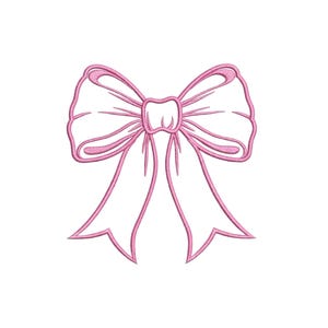 May include: A pink embroidered bow design featuring a central knot and two long, flowing ribbon tails. The outline is stitched in a vibrant pink thread, creating a decorative graphic element with visible embroidery texture and defined edges.