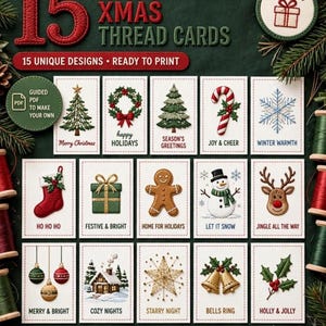 Puede incluir: Un conjunto de 15 tarjetas rectangulares para bordar a mano con diseños navideños que incluyen un árbol, corona, bastón de caramelo, copo de nieve, calcetín, regalo, hombre de jengibre, muñeco de nieve, reno, adornos, cabaña y acebo con texto.