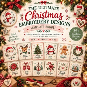 May include: A digital template bundle titled The Ultimate Christmas Embroidery Designs featuring 35+ patterns. The image displays various holiday-themed illustrations including a snowman, reindeer, Christmas tree, penguin, and gingerbread man.