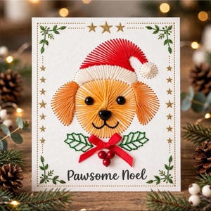 Può includere: Un biglietto d'auguri bianco con un cane realizzato in string art che indossa un cappello da Babbo Natale rosso e bianco. Il cane ha orecchie di filo arancione, occhi di perline nere e naso nero. Un fiocco rosso con foglie verdi ricamate. Testo Pawsome Noel.
