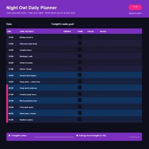 May include: A digital planner titled "Night Owl Daily Planner" with a dark blue and purple color scheme. The planner includes sections for time, tasks, energy levels, and notes. The text "Own your late hours - Plan your night - Work when you're at your best" is also visible.