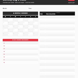 May include: A white and black monthly log and index planner page. The page includes sections for a monthly overview, key events, and page titles. The top of the page has the text "Monthly Log & Index".