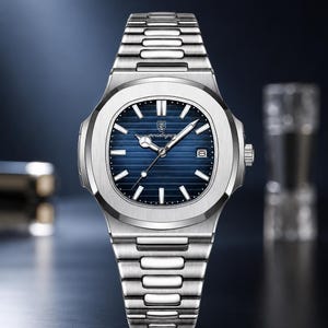 May include: A stainless steel wristwatch featuring a blue horizontal-striped dial with silver-tone hour markers and hands. The watch includes a date window at the three o'clock position and a brushed metal link bracelet with a rounded octagonal bezel.