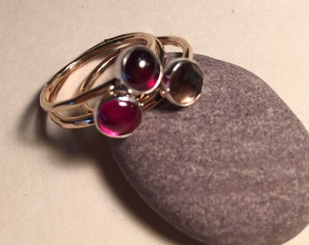 14k Gold fill stack rings, with 6 mm ruby,garnet ,and smokey topaz bezel set stones