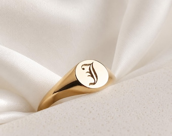 Old English Initial Signet Ring: 18K Gold Gothic Personalized Ring gift for her