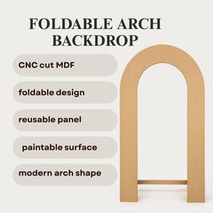 Può includere: Uno sfondo a forma di arco color marrone chiaro con un design pieghevole. Il testo recita: FOLDABLE ARCH BACKDROP, CNC cut MDF, foldable design, reusable panel, paintable surface, modern arch shape. Pannello con superficie liscia.