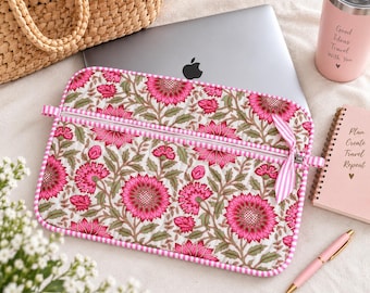 Funda acolchada para portátil hecha a mano con estampado floral rosa, funda acolchada para MacBook (11-17 pulgadas)