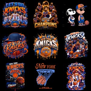 May include: A collection of nine graphic designs featuring New York Knicks basketball themes, including illustrations of players in blue and orange uniforms, basketballs, hoops, and the text Let's Go Knicks, Champions 2026, and New York.