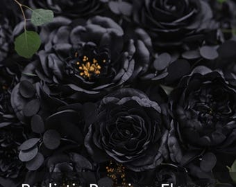 Black Floral Arrangement, Gothic Wedding Arch Flowers, Rose Peony Eucalyptus Decor