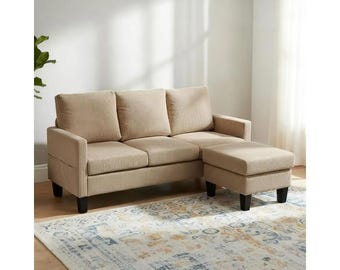 Compact Corduroy L-Shape Sofa with Ottoman, Modern Apartment Living Room Furniture