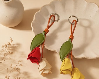 Leather Tulip Keychain Bag Charm, Handcrafted Floral Purse Accessory, Cottagecore Whimsy