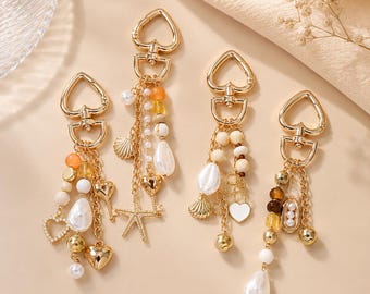 Gold Heart Keychain with Pearls and Seashells, Boho Bag Charm, French Coastal Accessory