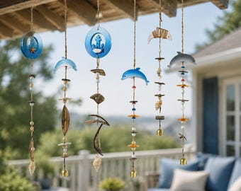 Coastal Driftwood Wind Chime Ocean Beach House Decor Seashell Hanging Nautical Dolphin Anchor Outdoor Garland Sea Glass Marine Wall Art Gift