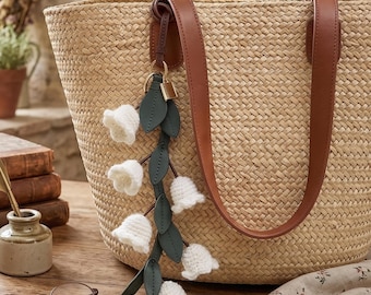 Crocheted Lily of the Valley Bag Charm, Leather Leaves Floral Keychain, Cottagecore Purse Accessory