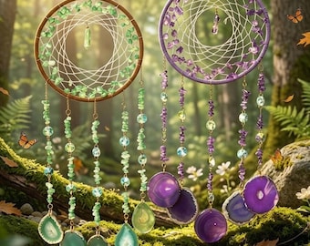 Crystal Dream Catcher Boho Wall Hanging Amethyst Agate Suncatcher Spiritual Room Decor Healing Stone Wind Chime Unique Witchy Gift for Her