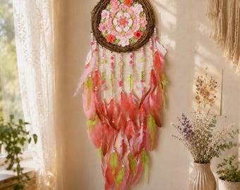 Pink Dream Catcher Boho Wall Hanging, Handmade Crochet Floral Dreamcatcher, Nursery Girl Room Decor, Cottagecore Fairy Garden Gift