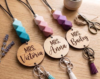 Personalized Teacher Lanyard, Custom Wood Name Disc, Silicone Beads, Coach Gift
