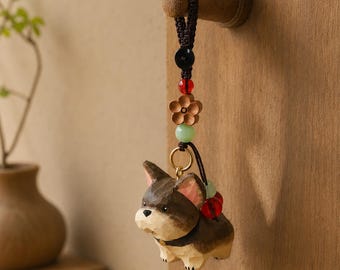 Hand Carved Wooden Dog Charm: Corgi, French Bulldog Keychain Bag Accessory