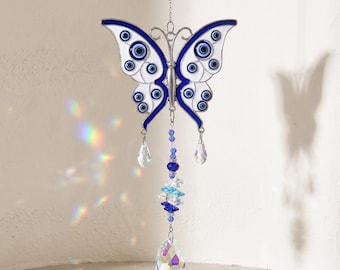 Evil Eye Butterfly Suncatcher Crystal Prism Rainbow Maker Hanging Garden Decor,Housewarming Gift
