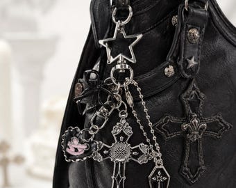 Gothic Cross Keychain, Star Clasp, Coffin Charm, Alt Bag Accessory