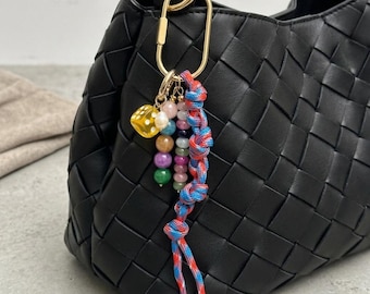 Bohemian Beaded Paracord Keychain Charm, Y2K Dice Bag Accessory